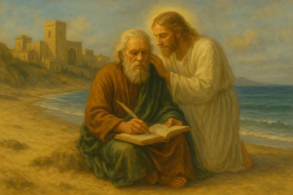 The Apostle John sits on a beach writing in a book while Jesus, in radiant white robes, whispers revelation to him, with ancient buildings and the sea in the background.