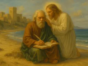 The Apostle John sits on a beach writing in a book while Jesus, in radiant white robes, whispers revelation to him, with ancient buildings and the sea in the background.