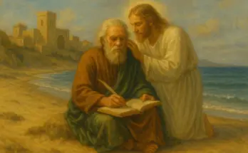 The Apostle John sits on a beach writing in a book while Jesus, in radiant white robes, whispers revelation to him, with ancient buildings and the sea in the background.
