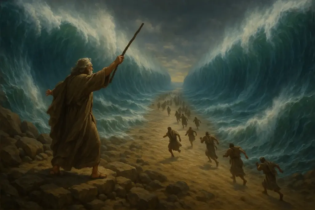 Moses parts the Red Sea in the Book of Exodus as Israelites cross between walls of water.