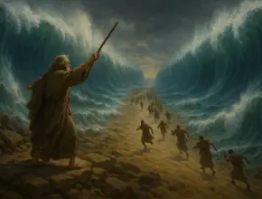 Moses parts the Red Sea in the Book of Exodus as Israelites cross between walls of water.