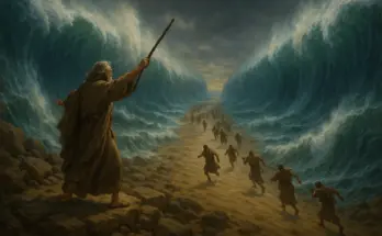 Moses parts the Red Sea in the Book of Exodus as Israelites cross between walls of water.