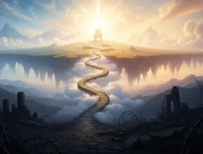 In ephesians chapter 2 A symbolic landscape showing a dark, ruined lowland with thorns contrasting sharply with a winding golden path rising through clouds to a radiant, elevated mountaintop with a glowing throne, symbolizing heavenly restoration.