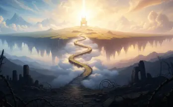 In ephesians chapter 2 A symbolic landscape showing a dark, ruined lowland with thorns contrasting sharply with a winding golden path rising through clouds to a radiant, elevated mountaintop with a glowing throne, symbolizing heavenly restoration.