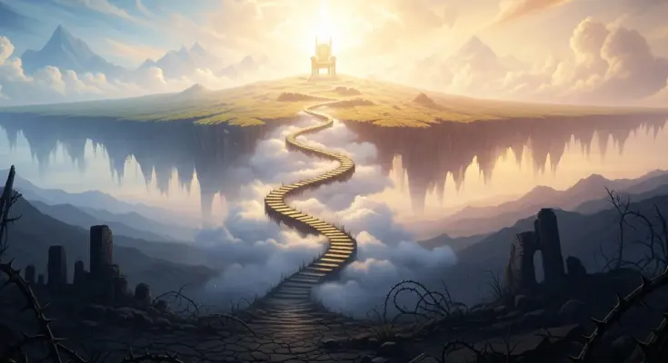 In ephesians chapter 2 A symbolic landscape showing a dark, ruined lowland with thorns contrasting sharply with a winding golden path rising through clouds to a radiant, elevated mountaintop with a glowing throne, symbolizing heavenly restoration.