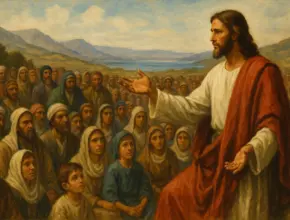Gospel of mark - Jesus teaching a large crowd of men, women, and children outdoors, with hills and a lake in the background. He wears a red cloak and gestures with one hand, while the crowd listens intently.