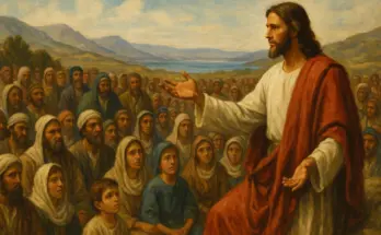 Gospel of mark - Jesus teaching a large crowd of men, women, and children outdoors, with hills and a lake in the background. He wears a red cloak and gestures with one hand, while the crowd listens intently.