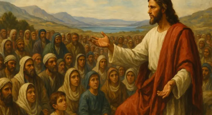 Gospel of mark - Jesus teaching a large crowd of men, women, and children outdoors, with hills and a lake in the background. He wears a red cloak and gestures with one hand, while the crowd listens intently.