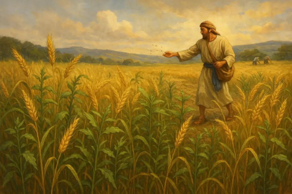 Traditional painting of the parable of the weeds from Matthew 13, showing a man sowing seeds in a wheat field with weeds growing among the wheat under a golden sunset sky.