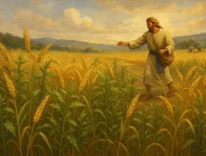 Traditional painting of the parable of the weeds from Matthew 13, showing a man sowing seeds in a wheat field with weeds growing among the wheat under a golden sunset sky.