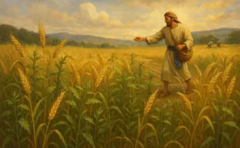 Traditional painting of the parable of the weeds from Matthew 13, showing a man sowing seeds in a wheat field with weeds growing among the wheat under a golden sunset sky.