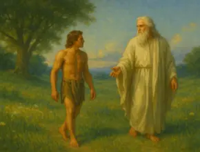 A traditional oil painting of Adam wearing a simple loincloth, walking through a serene meadow with God during the cool of the day. The scene is bathed in warm, golden light, surrounded by wildflowers and trees, capturing a moment of peaceful fellowship between man and his Creator.