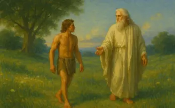 A traditional oil painting of Adam wearing a simple loincloth, walking through a serene meadow with God during the cool of the day. The scene is bathed in warm, golden light, surrounded by wildflowers and trees, capturing a moment of peaceful fellowship between man and his Creator.
