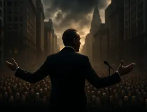 A dramatic photo-realistic scene of the antichrist in a dark suit standing on a platform, arms outstretched, addressing a large crowd in a modern city as ominous clouds gather above tall buildings.