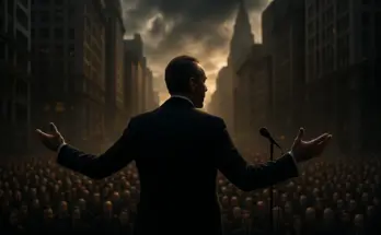 A dramatic photo-realistic scene of the antichrist in a dark suit standing on a platform, arms outstretched, addressing a large crowd in a modern city as ominous clouds gather above tall buildings.