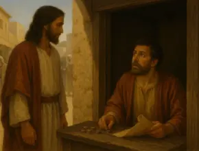 Jesus stands at the doorway of a small tax booth in ancient Capernaum, calling Apostle Matthew to follow Him. Inside the booth, Matthew looks up in surprise, holding a scroll near a stack of coins, while townspeople pass by on a dusty street in the background.
