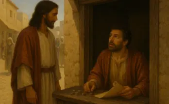 Jesus stands at the doorway of a small tax booth in ancient Capernaum, calling Apostle Matthew to follow Him. Inside the booth, Matthew looks up in surprise, holding a scroll near a stack of coins, while townspeople pass by on a dusty street in the background.