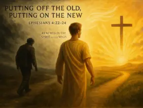 A symbolic landscape showing a man turning away from a dark, shadowy version of himself and walking toward a bright sunrise and cross, representing the message of Ephesians Chapter 4—putting off the old self and putting on the new, renewed in the spirit of the mind.