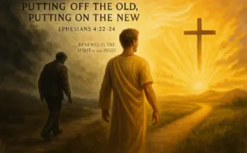 A symbolic landscape showing a man turning away from a dark, shadowy version of himself and walking toward a bright sunrise and cross, representing the message of Ephesians Chapter 4—putting off the old self and putting on the new, renewed in the spirit of the mind.
