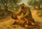 From the Gospel of Luke, the Good Samaritan kneels beside a wounded man on a dusty road, surrounded by olive trees and rolling hills.