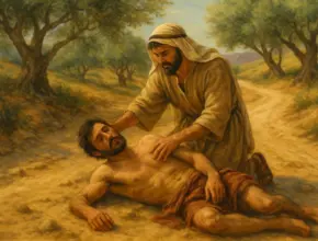 From the Gospel of Luke, the Good Samaritan kneels beside a wounded man on a dusty road, surrounded by olive trees and rolling hills.