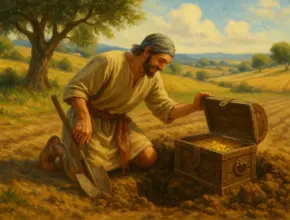 A joyful man kneels in a sunlit field, uncovering a wooden chest filled with gold coins, illustrating the Parable of the Hidden Treasure from Matthew 13:44.