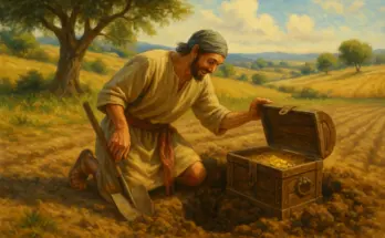 A joyful man kneels in a sunlit field, uncovering a wooden chest filled with gold coins, illustrating the Parable of the Hidden Treasure from Matthew 13:44.