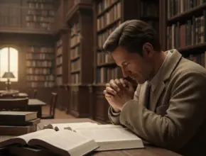 A photo-realistic image of a man in deep prayer, seated at a wooden table in a dimly lit, antique library. Several open books, possibly for Bible study, lie before him as his head is bowed and hands clasped.
