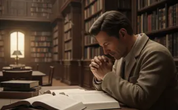 A photo-realistic image of a man in deep prayer, seated at a wooden table in a dimly lit, antique library. Several open books, possibly for Bible study, lie before him as his head is bowed and hands clasped.