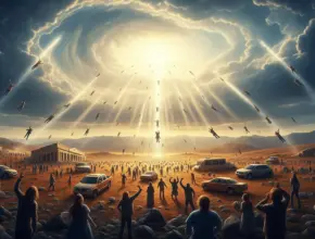 A dramatic, photo-realistic landscape depicting the rapture. Beams of golden light descend from a swirling, cloudy sky, illuminating numerous figures ascending towards the heavens. On the ground below, abandoned cars and a crowd of people look up in awe and wonder as others vanish into the light.