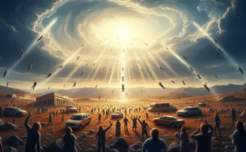A dramatic, photo-realistic landscape depicting the rapture. Beams of golden light descend from a swirling, cloudy sky, illuminating numerous figures ascending towards the heavens. On the ground below, abandoned cars and a crowd of people look up in awe and wonder as others vanish into the light.