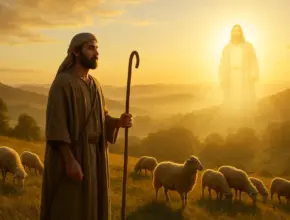 from soap bible study: 1 peter 5:1-5. A humble shepherd stands on a grassy hillside at sunrise, holding a wooden staff and watching over a small flock of sheep grazing nearby. He gazes ahead calmly and attentively. In the golden background, the radiant figure of Jesus, the Chief Shepherd, appears on a distant hill bathed in light, symbolizing divine oversight and spiritual leadership. The scene is warm, peaceful, and filled with a sense of care and humility.