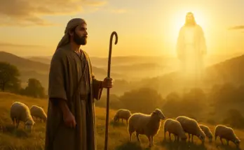 from soap bible study: 1 peter 5:1-5. A humble shepherd stands on a grassy hillside at sunrise, holding a wooden staff and watching over a small flock of sheep grazing nearby. He gazes ahead calmly and attentively. In the golden background, the radiant figure of Jesus, the Chief Shepherd, appears on a distant hill bathed in light, symbolizing divine oversight and spiritual leadership. The scene is warm, peaceful, and filled with a sense of care and humility.