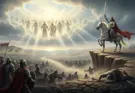 From the battle of armageddon a majestic figure, crowned and cloaked in red, rides a white horse atop a cliff, holding a sword triumphantly. Behind him, a radiant sky illuminates an army of angelic figures descending from the clouds. Below, a vast and chaotic battlefield unfolds, with earthly soldiers in disarray, some falling to the ground as if overwhelmed by the celestial presence.