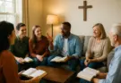 A diverse group of men and women sit together in a cozy living room Bible study group. Each person holds an open Bible while one man speaks with enthusiasm. Others smile and listen attentively. A wooden cross hangs on the wall above the couch, and a warm lamp adds soft light to the welcoming setting.