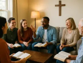 A diverse group of men and women sit together in a cozy living room Bible study group. Each person holds an open Bible while one man speaks with enthusiasm. Others smile and listen attentively. A wooden cross hangs on the wall above the couch, and a warm lamp adds soft light to the welcoming setting.