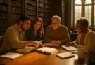 A diverse Bible study tools group sits around a large wooden table in a grand old library with tall bookshelves and arched windows. Warm golden light streams in as the group smiles and points to passages in open Bibles, with notebooks spread across the table.