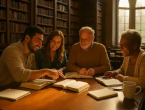 A diverse Bible study tools group sits around a large wooden table in a grand old library with tall bookshelves and arched windows. Warm golden light streams in as the group smiles and points to passages in open Bibles, with notebooks spread across the table.