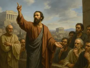 The Apostle Paul stands in the Areopagus of Athens, raising his hand toward the sky as he preaches. Around him, Greek philosophers in robes listen with mixed expressions of curiosity and skepticism. In the background, ancient temples and the Parthenon overlook the city, symbolizing the cultural setting book of Acts 17:22–23.