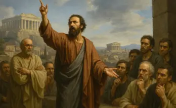 The Apostle Paul stands in the Areopagus of Athens, raising his hand toward the sky as he preaches. Around him, Greek philosophers in robes listen with mixed expressions of curiosity and skepticism. In the background, ancient temples and the Parthenon overlook the city, symbolizing the cultural setting book of Acts 17:22–23.