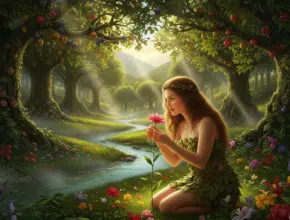 A soft, photo-realistic image of Eve in the lush Garden of Eden. She is kneeling beside a gentle stream, examining a blooming pink flower with an expression of wonder and peace. The scene is filled with vibrant flowers and fruit-bearing trees, and warm, golden sunlight filters through the leaves.