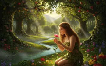 A soft, photo-realistic image of Eve in the lush Garden of Eden. She is kneeling beside a gentle stream, examining a blooming pink flower with an expression of wonder and peace. The scene is filled with vibrant flowers and fruit-bearing trees, and warm, golden sunlight filters through the leaves.