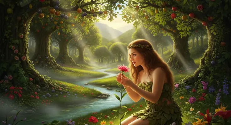 A soft, photo-realistic image of Eve in the lush Garden of Eden. She is kneeling beside a gentle stream, examining a blooming pink flower with an expression of wonder and peace. The scene is filled with vibrant flowers and fruit-bearing trees, and warm, golden sunlight filters through the leaves.