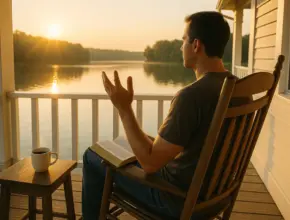 how to pray usinbg the bible, a man sits in a wooden rocking chair on a lakeside porch at sunrise, holding an open Bible in his lap with one hand resting on the pages and the other lifted in prayer. A steaming cup of coffee sits on a small wooden table beside him, as golden sunlight reflects off the calm water in the background.