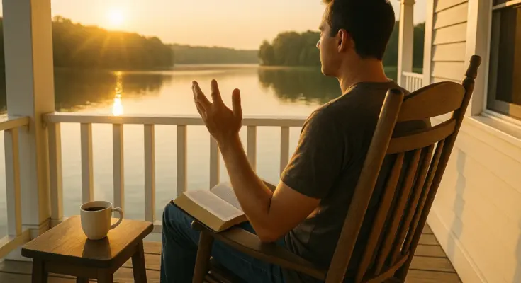 how to pray usinbg the bible, a man sits in a wooden rocking chair on a lakeside porch at sunrise, holding an open Bible in his lap with one hand resting on the pages and the other lifted in prayer. A steaming cup of coffee sits on a small wooden table beside him, as golden sunlight reflects off the calm water in the background.
