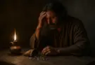 Judas Iscariot sits alone at a rough wooden table lit by an oil lamp. A small bag of silver coins lies spilled open before him. His head rests in his hand, his face marked with sorrow and regret, symbolizing the cost of betrayal.