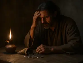 Judas Iscariot sits alone at a rough wooden table lit by an oil lamp. A small bag of silver coins lies spilled open before him. His head rests in his hand, his face marked with sorrow and regret, symbolizing the cost of betrayal.
