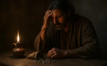 Judas Iscariot sits alone at a rough wooden table lit by an oil lamp. A small bag of silver coins lies spilled open before him. His head rests in his hand, his face marked with sorrow and regret, symbolizing the cost of betrayal.