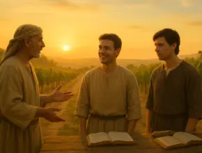 From the parable of the two sons, a father in simple first-century clothing speaks to his two sons in a vineyard at sunrise. One son smiles and nods with eagerness, while the other looks hesitant and thoughtful. Rows of grapevines stretch into the distance under the golden morning sky.