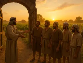 Parable of the workers. A vineyard at sunrise with golden light spreading across rows of grapevines. A landowner in a robe stands at the open gate, gesturing as he hires five workers in simple tunics. Some laborers are already inside the vineyard tending the vines in the background.